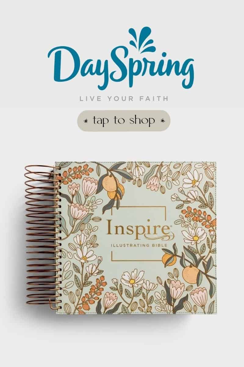 DaySpring Logo with a picture of the DaySpring  Illustrating Bible
The cover reads Inspire Illustrating Bible
A button with the text tap to shop