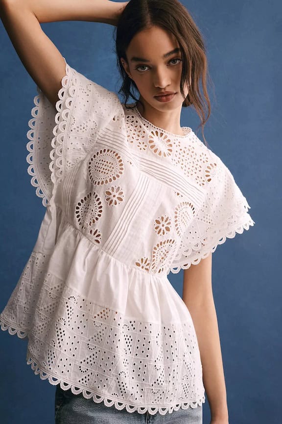 Anthropologie Forever That Girl Flutter-Sleeve Eyelet Tunic