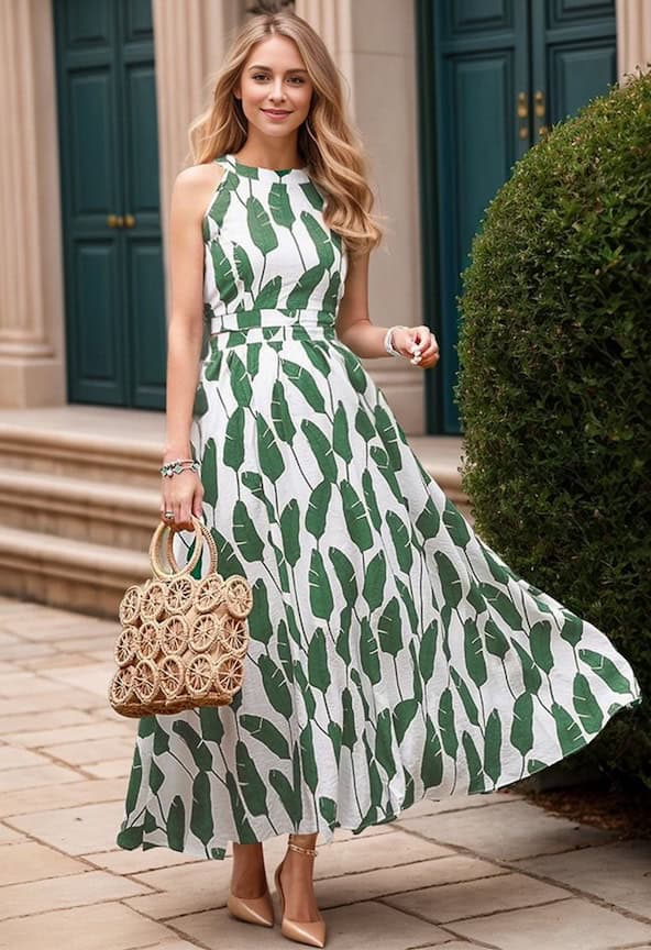 Woman modeling Chicwish's Summer Palm Leaf Print Halter Neck Maxi Dress in Green