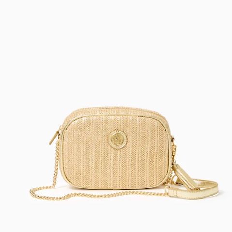 Gold crossbody bag with gold chain strap.