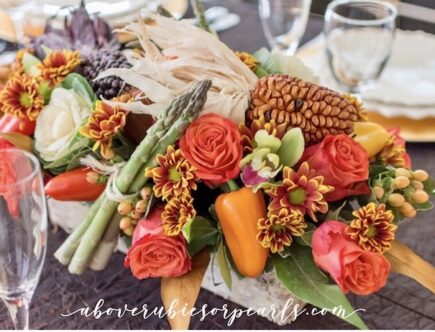 A Thanksgiving centerpiece on a formal dining table