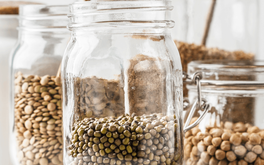 Mason jars filled with different pantry staples