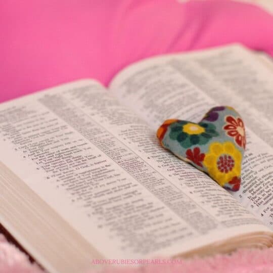 A Bible is open on a pink bed with a heart-shaped plush squeezie on top