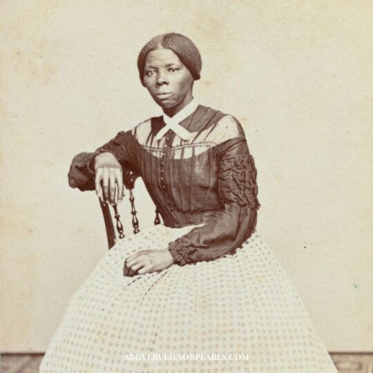Harriet Tubman posing for her portrait is sitting on a chair in a button-up blouse and skirt