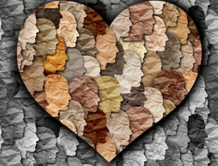 different color faces form a heart shape