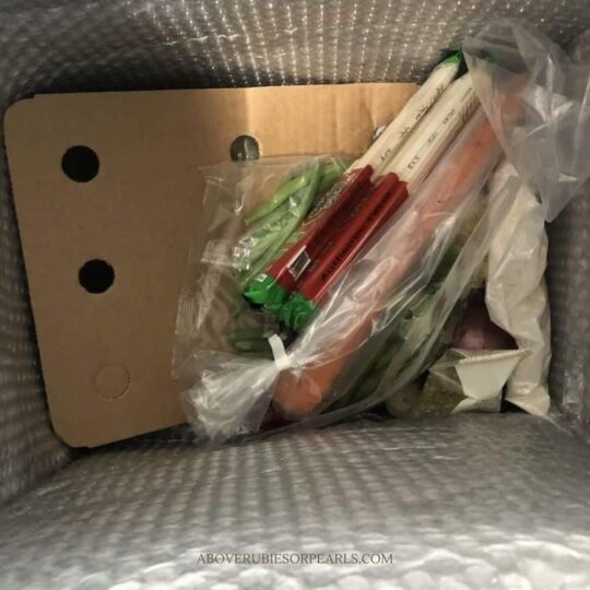 An open Dinnerly meal kit subscription box revealing the ingredients inside the insulation that includes vegetables and udon noodles above a cardboard petition separating it from the remaining ingredients