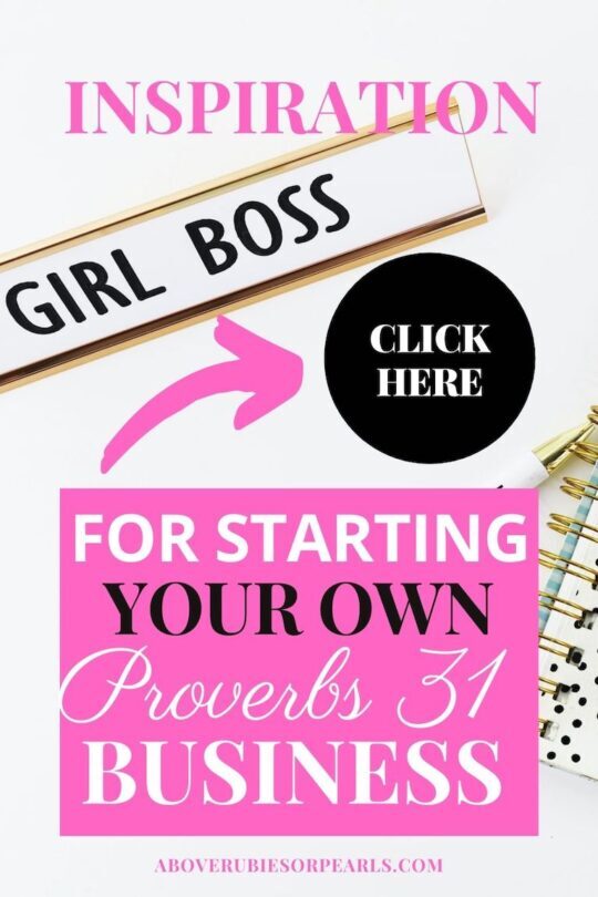 Proverbs 31 Business Woman desk with a girl boss plaque, notebooks, and a pen