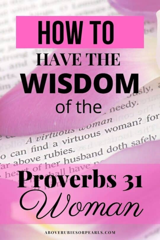 A Bible is open to a scripture describing the Proverbs 31 Woman. Orchid flower petals are scattered on top.