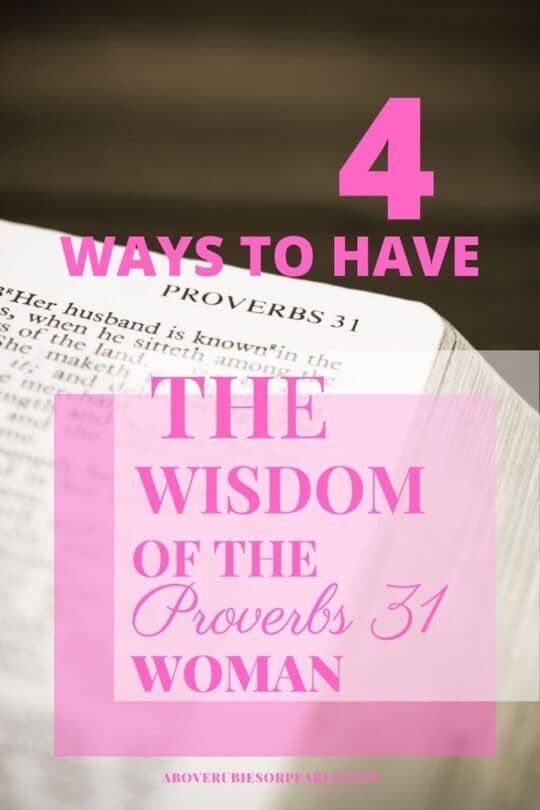 A Bible is open to a scripture describing the Proverbs 31 Woman. It is laying on a countertop.