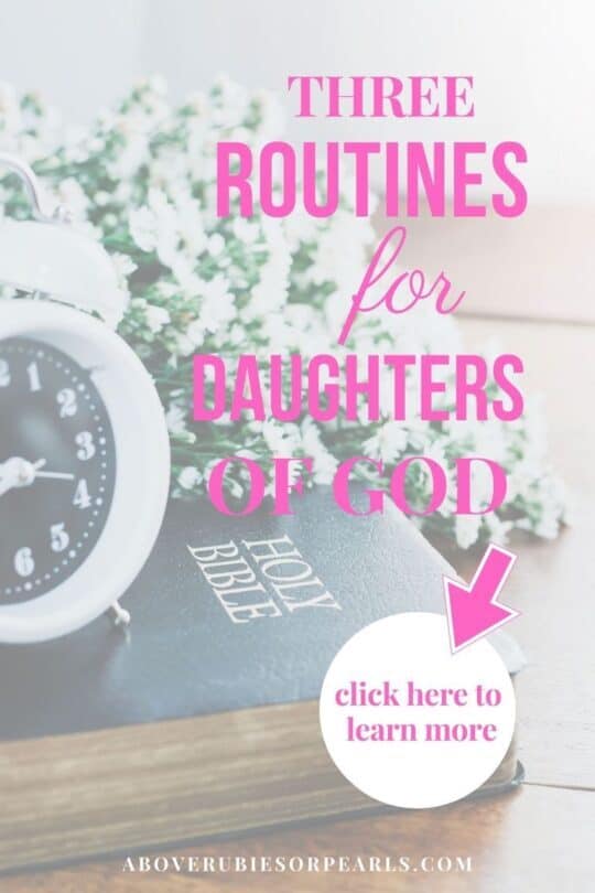 Bible Study is an important part of a daily routine for a daughter of God. There is an alarm clock resting on top of a Bible and next to a bouquet of flowers.