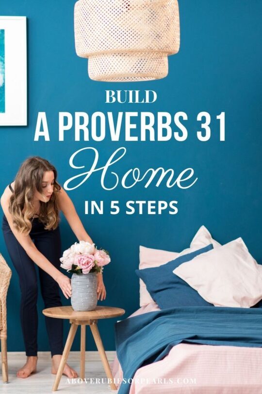 A lady is building her Proverbs 31 Woman home by placing a vase of flowers on a bedside table.