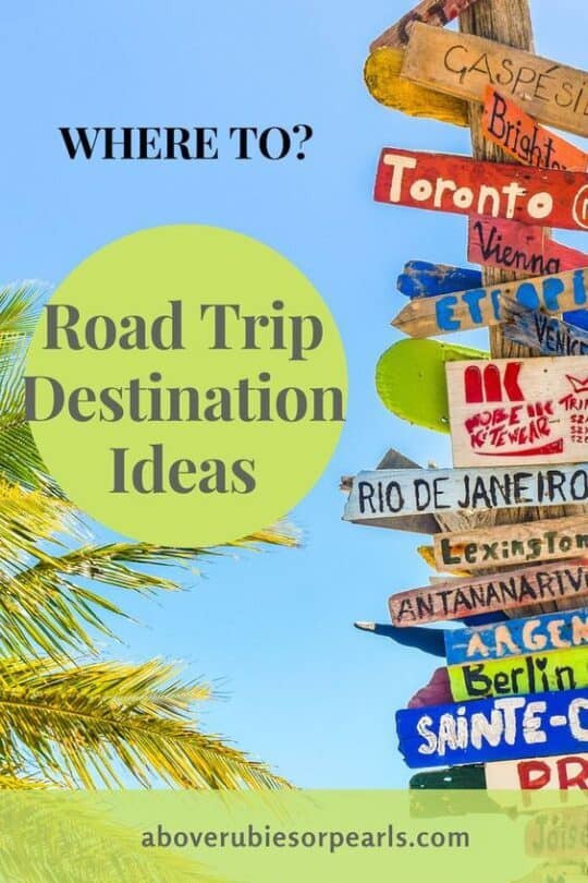 Road trip destinations: A wooden post contains cities pointing in the direction of their destination. It is planted next to a palm tree.