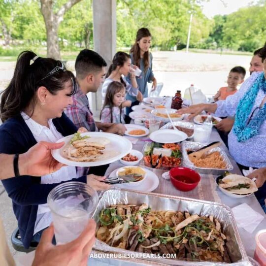 An extended family is gathered around a table outside, serving up a tacos and Spanish rice and other fixings.
