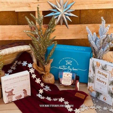 The Butterfly Christmas Box with all of its contents: two Christmas books, a burgundy scarf, a sapling, and some spa items. Christmas ornaments strewn around for decoration.