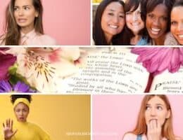 A collage of women with an Bible in the middle.
