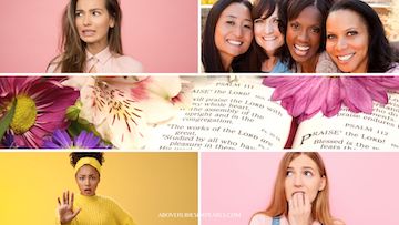 A collage of women with an Bible in the middle.