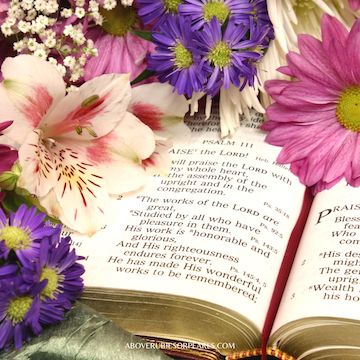 The Holy Bible is opened to Psalm 111 with a beautiful bouquet of flowers surrounding it.