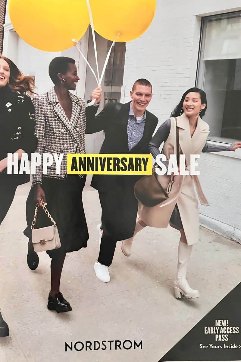 Nordstrom Anniversary Sale Early Access Pass
Pictured: 4 people happily walking, one holding balloons.
Text reads: Happy Anniversary Sale