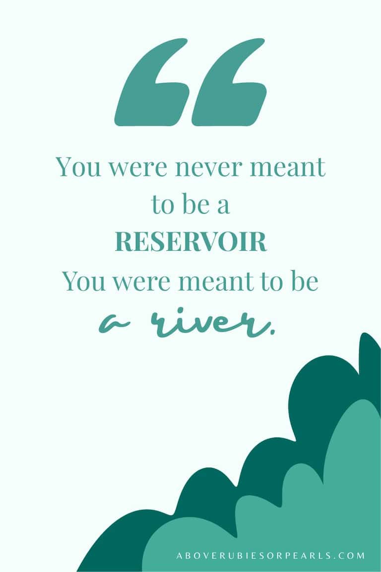 Light teal background with abstract teal organic shapes resembling river waves or bushes, with a quote about generosity.