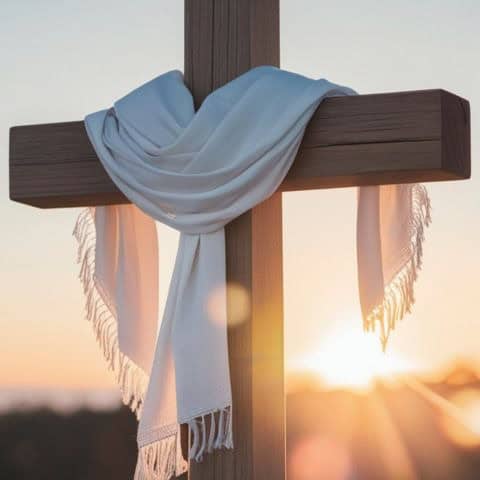 Wooden cross draped with a white cloth at sunrise, symbolizing true confidence in Christ through the Cross