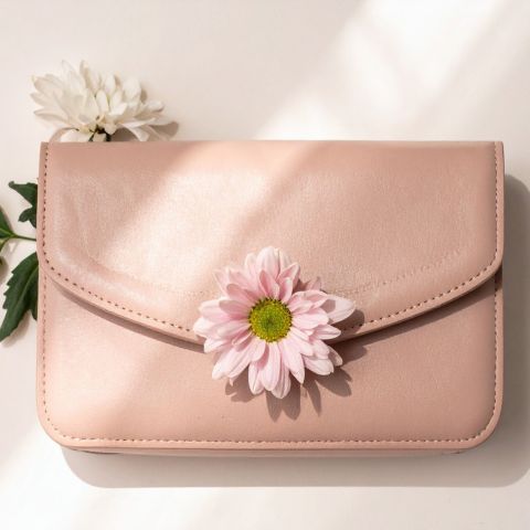 Modest spring fashion accessory: pink clutch with daisy