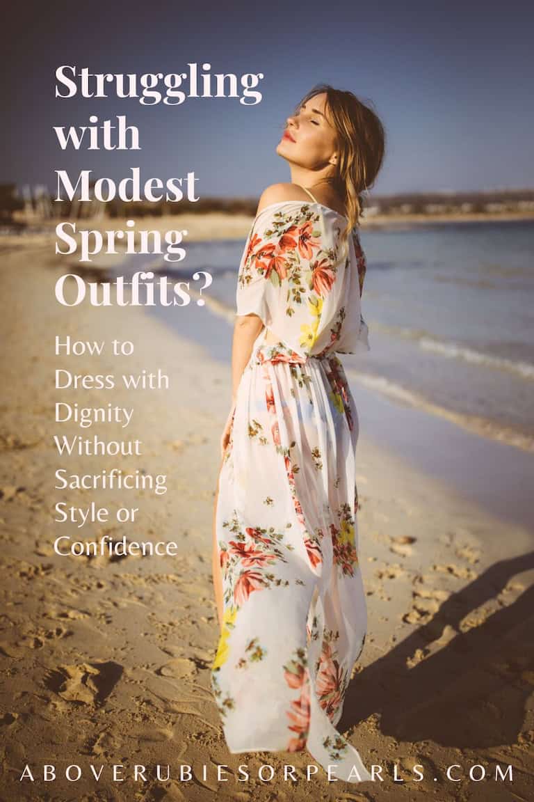 Woman wearing modest spring outfit with floral beach coverup over swimsuit on sunny shoreline