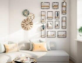 Sunlit cozy corner with curved sofa, tea set, and wall art creating a peaceful, welcoming home atmosphere.